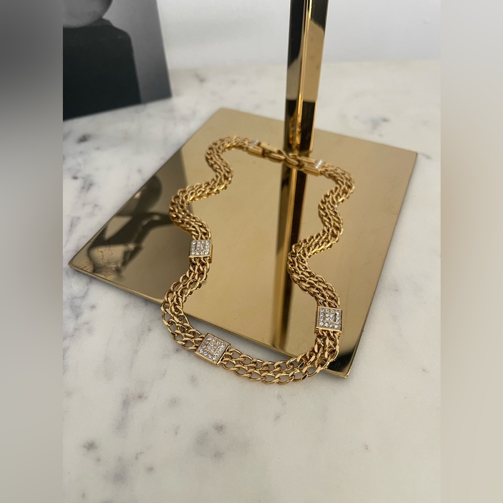 Nina Ricci Vintage Gold Tone Double Chain Rhinestone Necklace